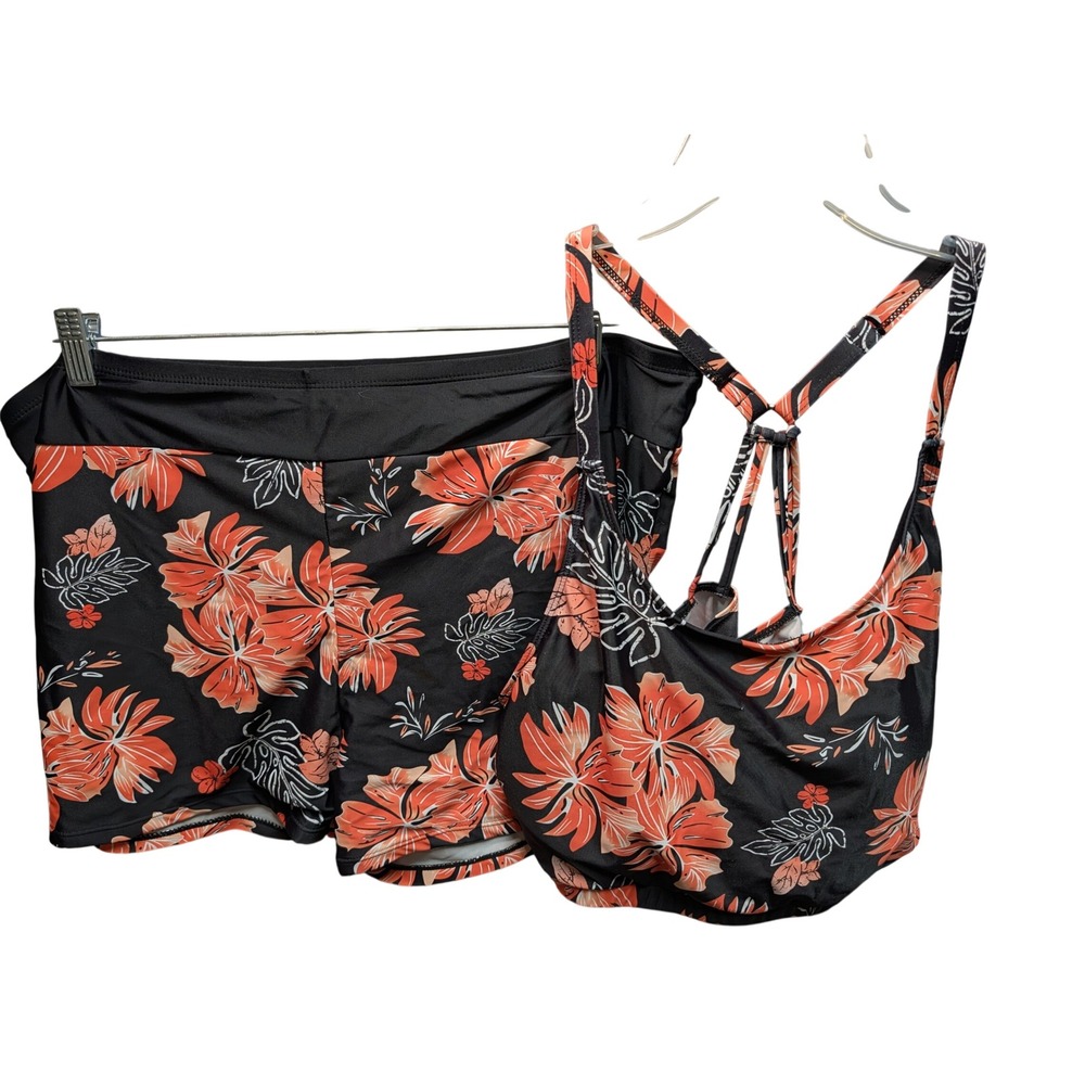 Unbranded Tankini Swimsuit Women 22W Black Coral Floral Boy Short Set Excellent